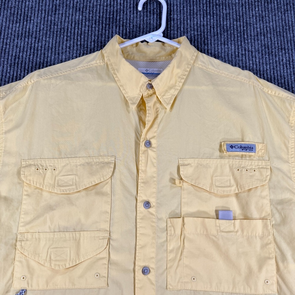 Columbia PFG Shirt Mens Large Yellow Short Sleeve Button Up Fishing Outdoor